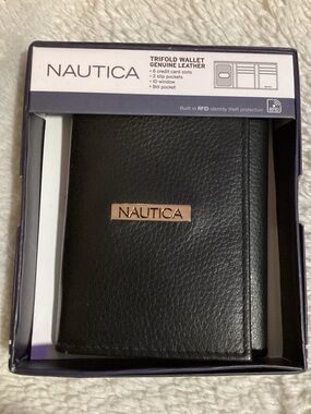 Nautica Men's Genuine Pebble Leather Trifold RFID Wallet Black